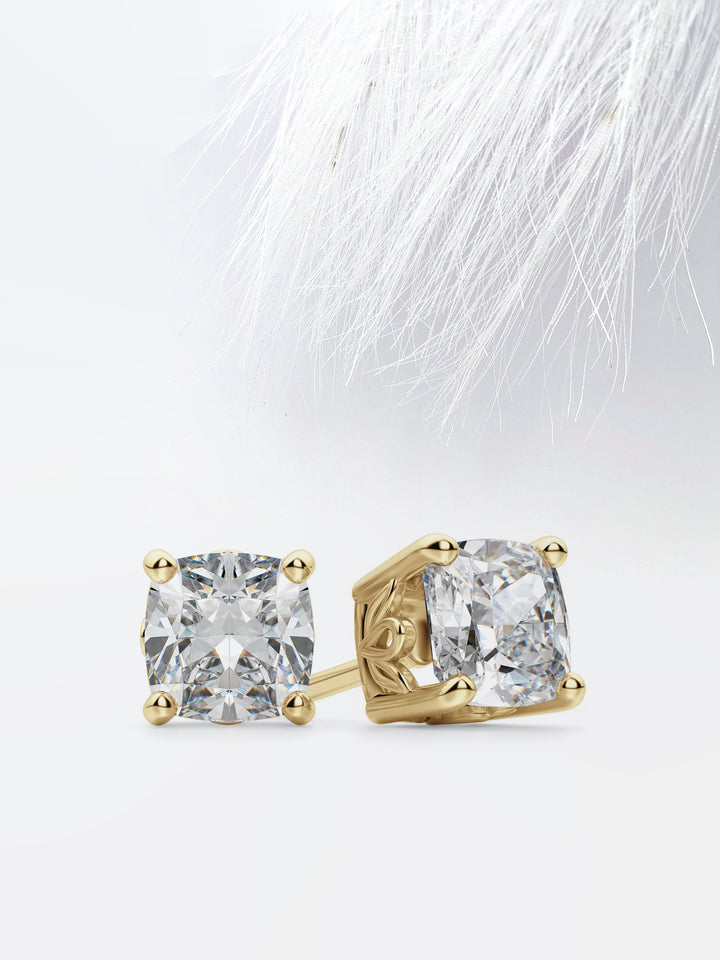 Cushion Cut Moissanite Tulip Set Diamond Earrings in 18K Gold