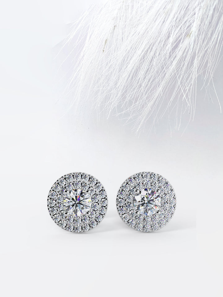 Round Cut Moissanite Double Halo Diamond Earrings in White Gold