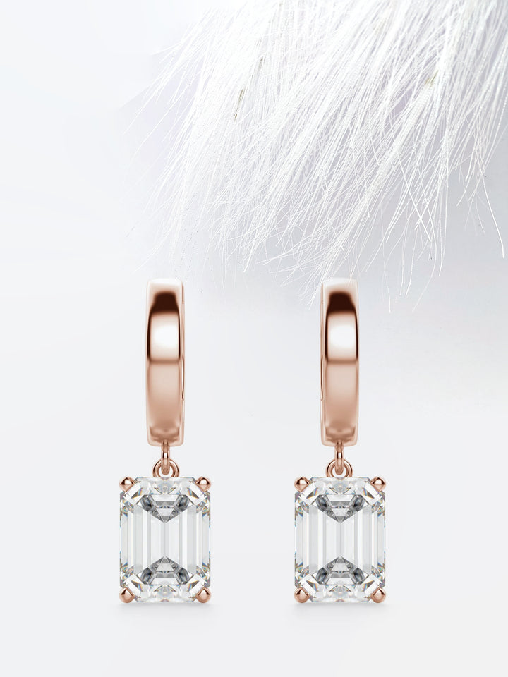 Emerald Cut Moissanite Drop Diamond Earrings in 18K Gold