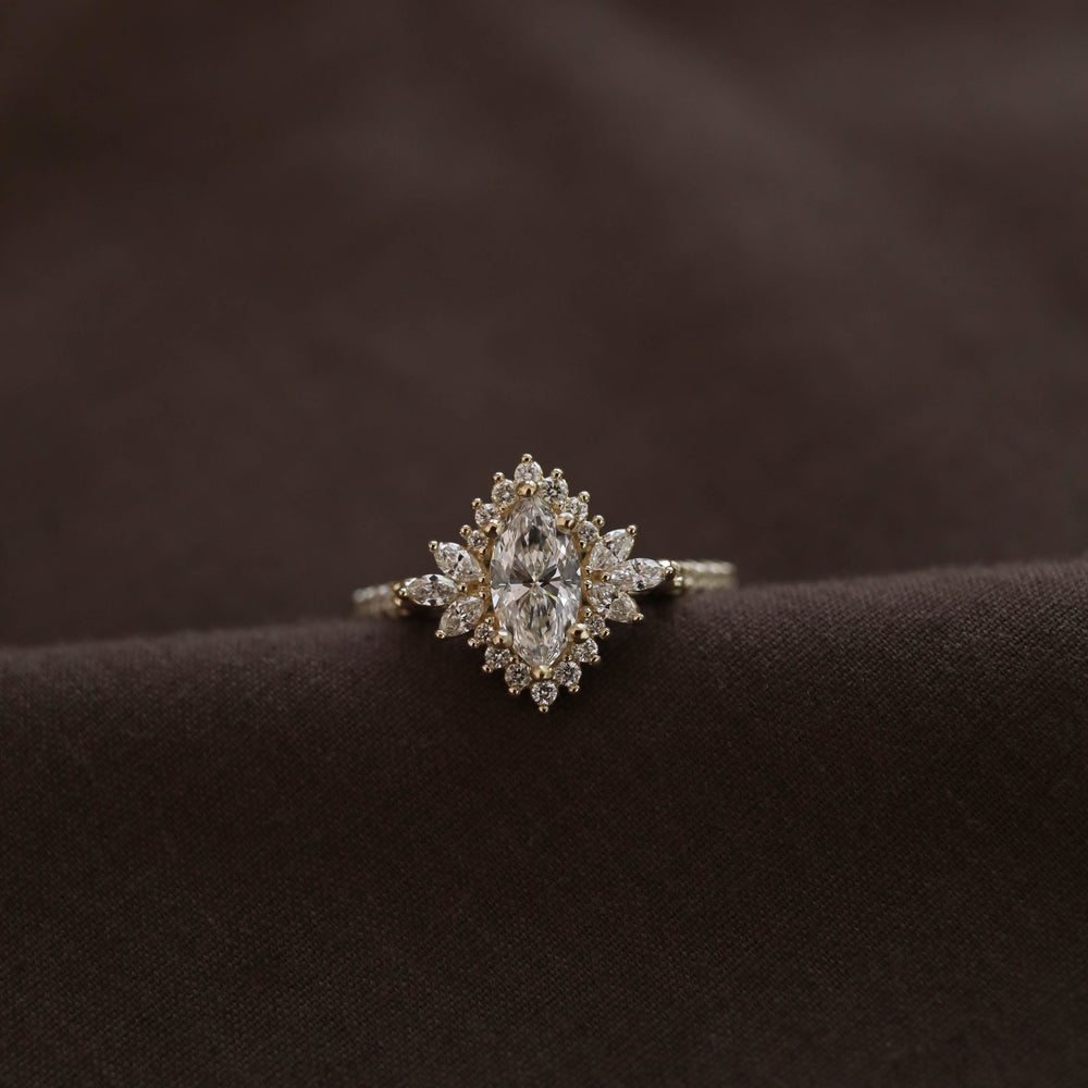 1.0ct Marquise Cluster Halo Diamond Moissanite Engagement Ring