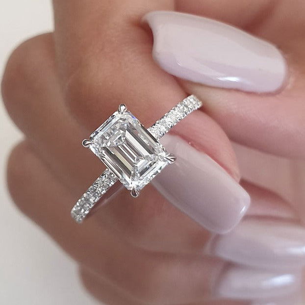 Emerald Cut Moissanite Diamond Hidden Halo Engagement Ring