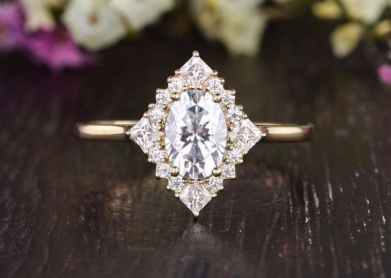 0.75CT Oval Cluster Halo Moissanite Diamond Engagement Ring