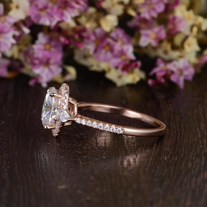 0.75CT Oval Halo Diamond Three Stone Moissanite Engagement Ring