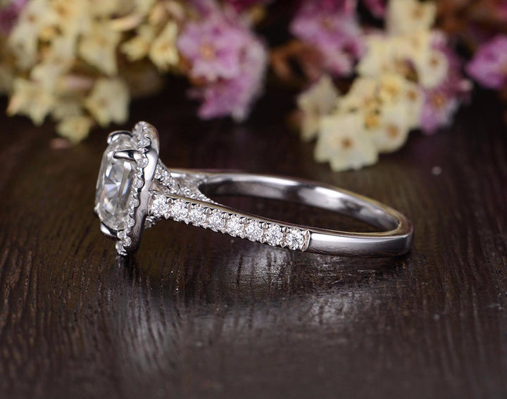 1.0CT Cushion Cut Halo Diamond Moissanite Engagement Ring