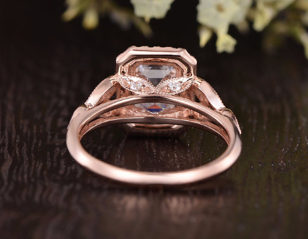 1.0CT Emerald Cut Halo Moissanite Diamond Engagement Ring
