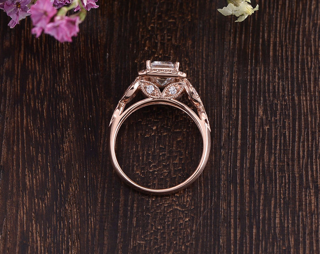 1.0CT Emerald Cut Halo Moissanite Diamond Engagement Ring