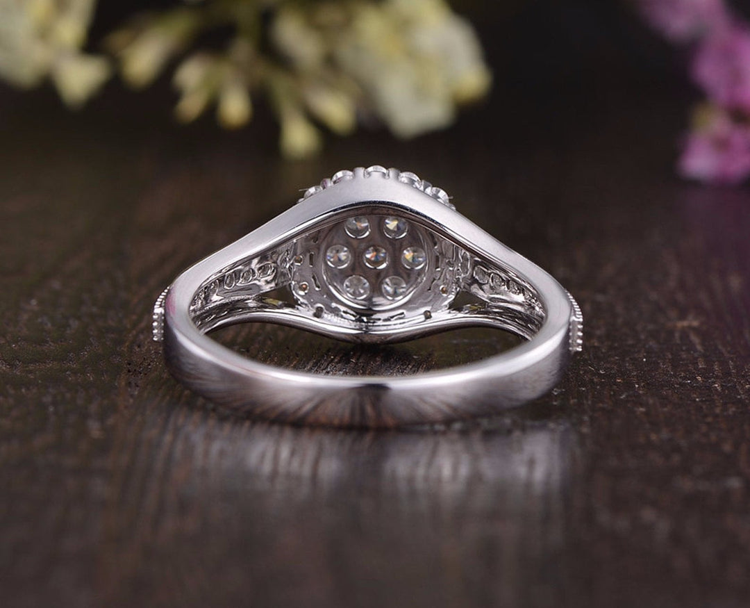 1.0CT Round Cut Halo Diamond Unique Pave Moissanite Engagement Ring