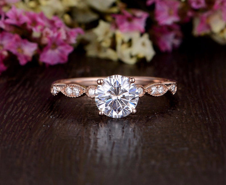1.35CT Round Cut Solitaire Milgrain Pave Setting Moissanite Engagement Ring