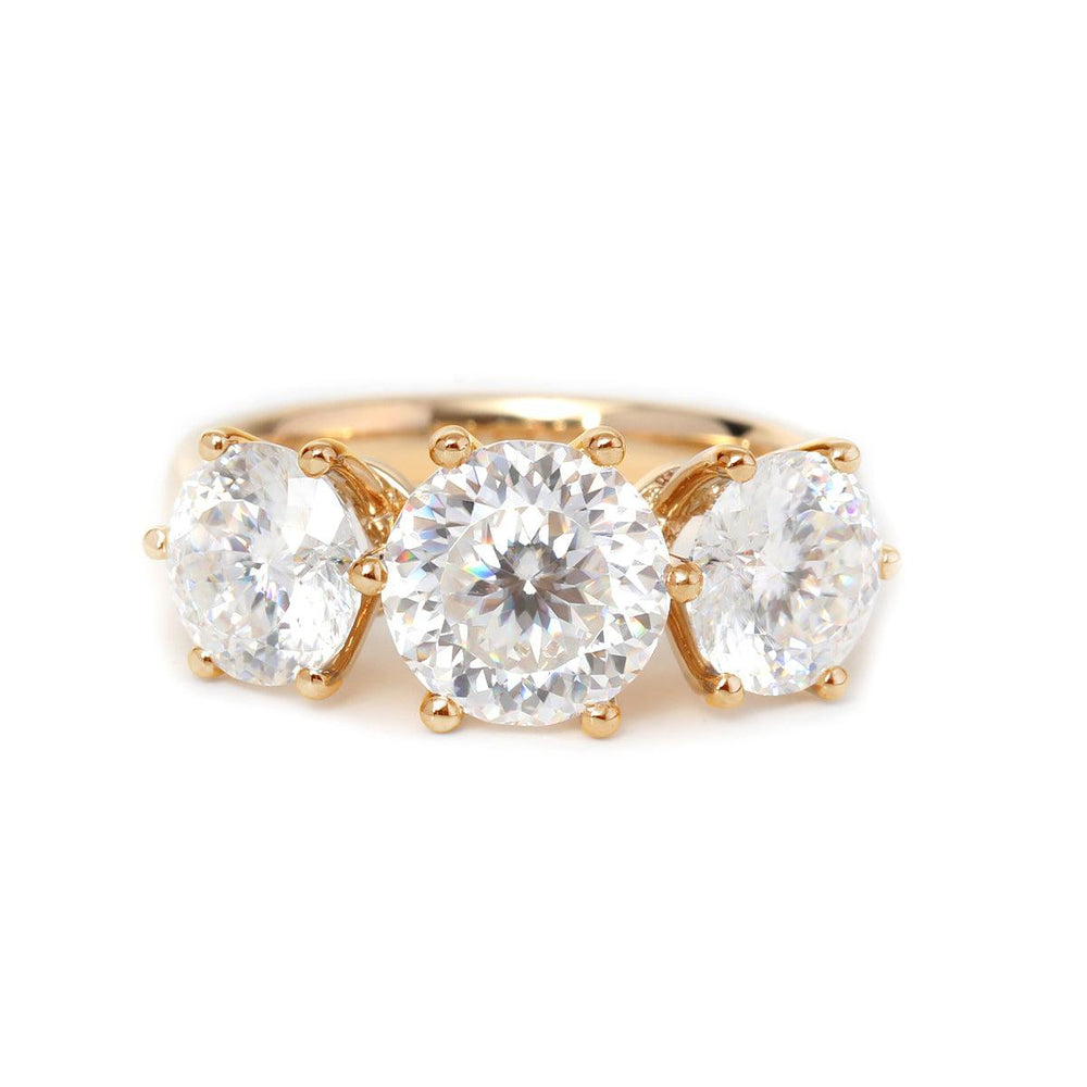 2.5ct three stone ring, hand-cut diamond, precision cut diamond, bespoke bridal jewelry, heirloom quality ring, triple stone diamond ring, tapered cathedral shank, 14k gold diamond ring, 18k gold three stone