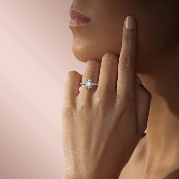 1.60CT Emerald Cut Pave Diamond Moissanite Engagement Ring