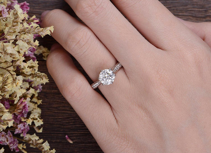 1.60CT Round Cut Pave Setting Diamond Moissanite Engagement Ring