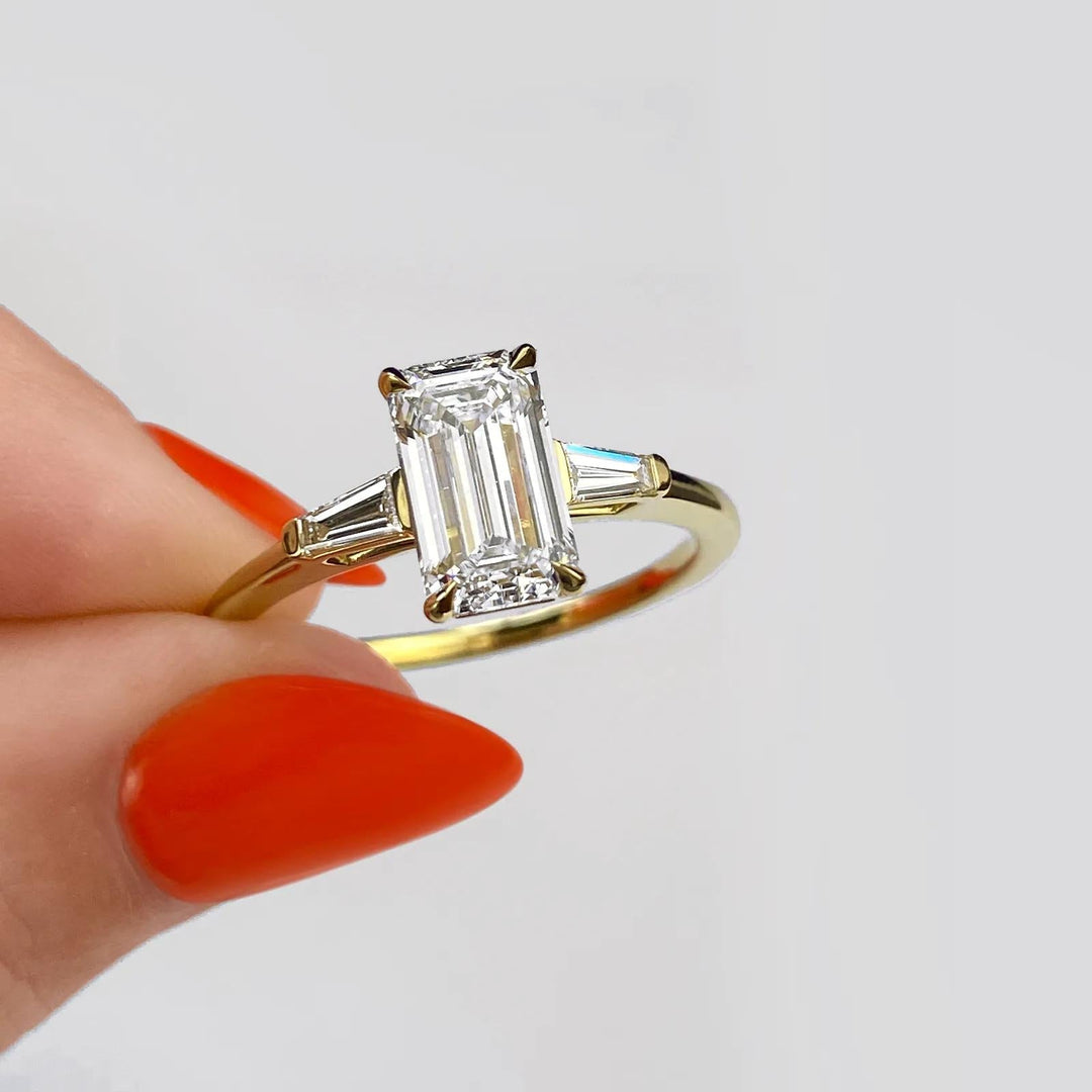 1.91CT Emerald Cut Three Stone Moissanite Diamond Engagement Ring