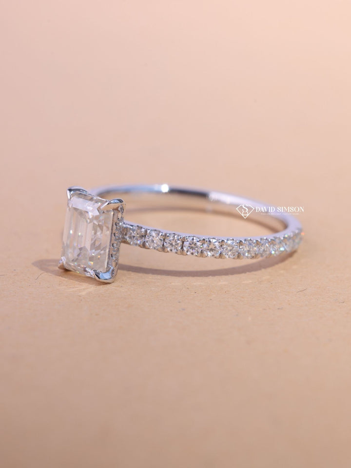 1.0CT-2.0CT Emerald Cut Moissanite Diamond Pave Engagement Ring