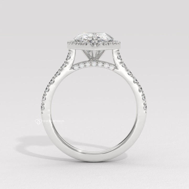 1.50CT-2.50CT Pear Moissanite Halo Diamond Bridge Set Engagement Ring