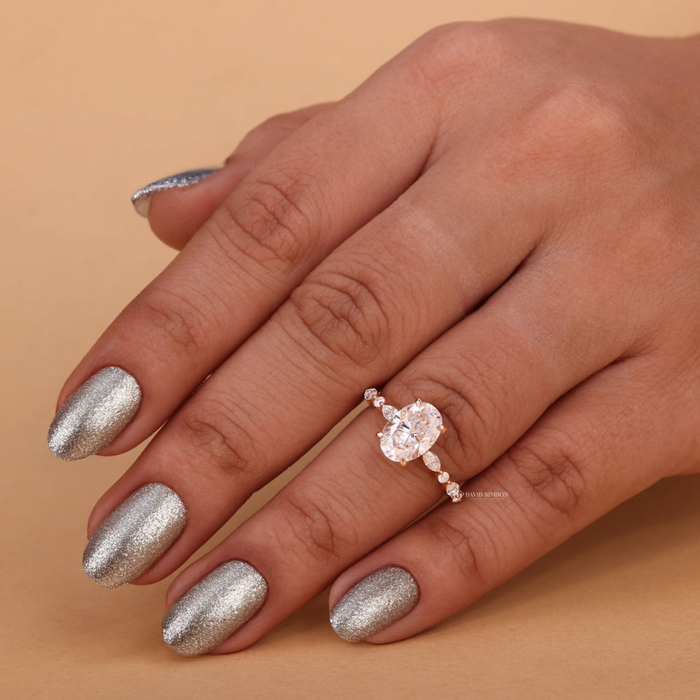 Moissanite Pave, Oval Solitaire, Diamond Alternative, Lab Grown Moissanite, 14K Gold Ring, 18K White Gold,