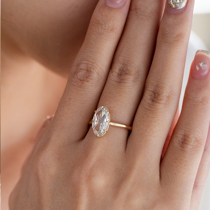 Lab grown diamond engagement ring in 18k white gold, an oval solitaire engagement ring