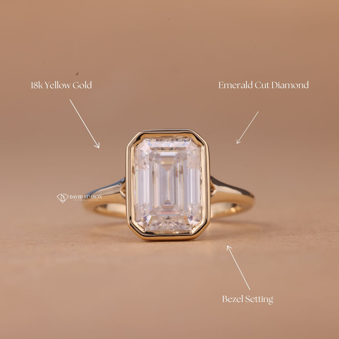 Platinum Bezel Set Ring
D Color Emerald Cut
VVS1 Moissanite Bezel
Step Cut Moissanite Ring
