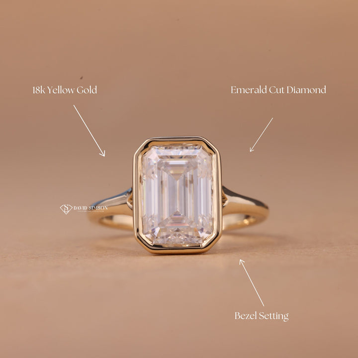 Platinum Bezel Set Ring
D Color Emerald Cut
VVS1 Moissanite Bezel
Step Cut Moissanite Ring
