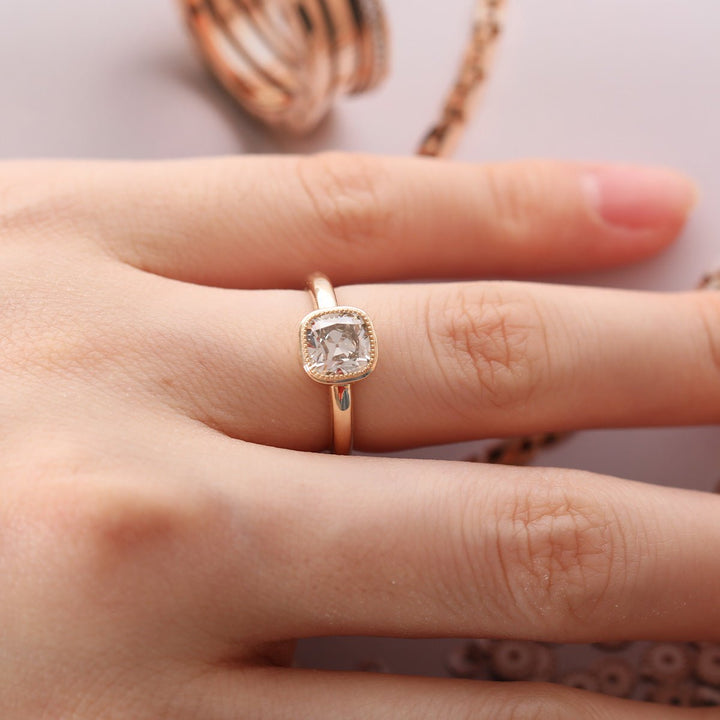 1.50ct-2.50ct Cushion Cut Diamond Bezel Solitaire Unique Engagement Ring