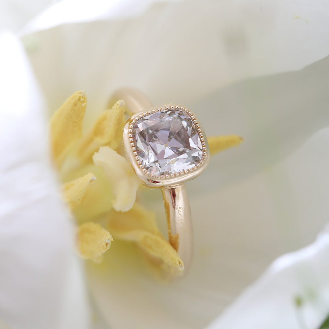 1.50ct-2.50ct Cushion Cut Diamond Bezel Solitaire Unique Engagement Ring