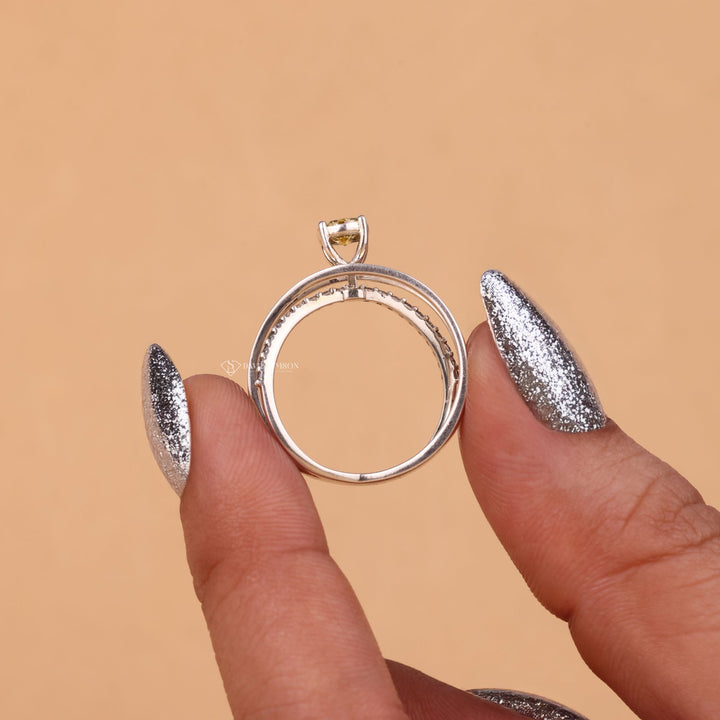 18k Yellow Gold Ring, Statement Engagement Ring, Pave Split Shank, Canary Yellow Jewelry, 