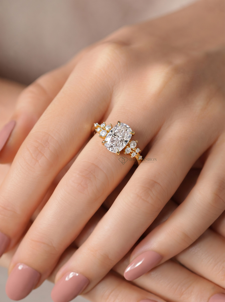 2.0CT-3.0CT Elongated Cushion Lab Grown Diamond Round Cluster Engagement Ring