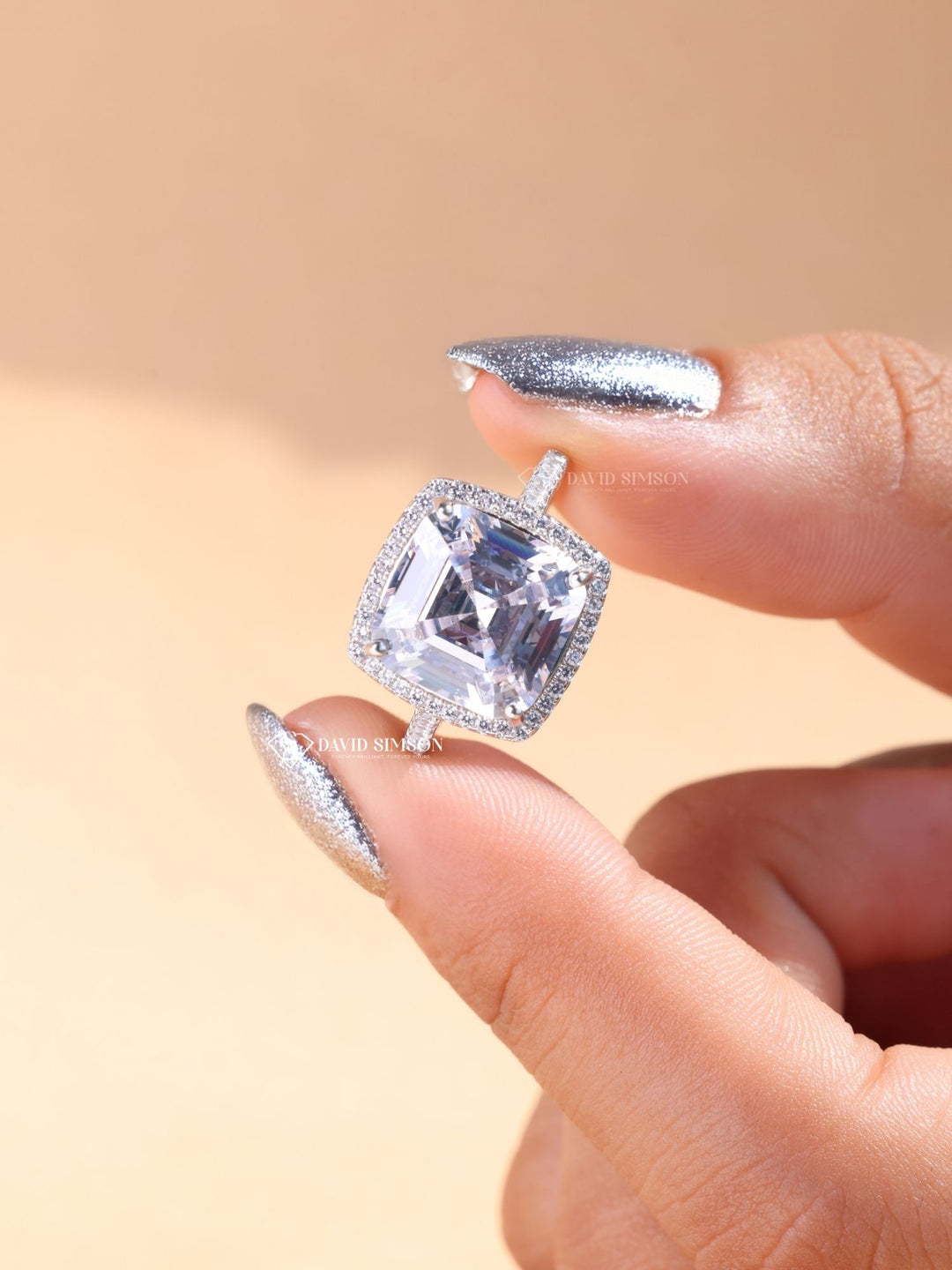 4.0CT-5.0CT Asscher Cut Moissanite Diamond Halo Engagement Ring