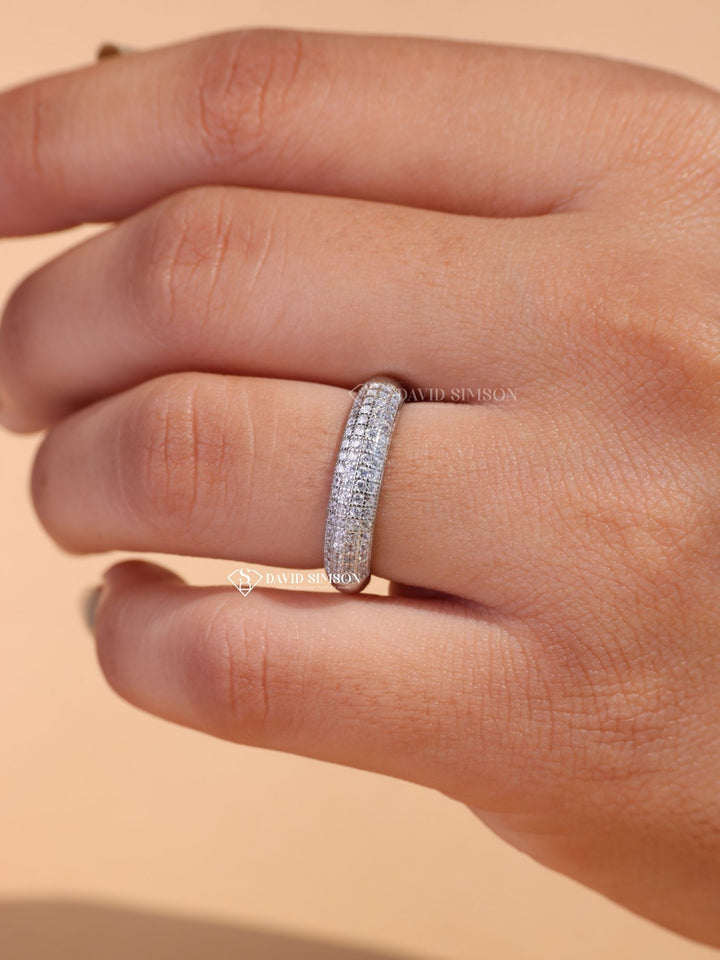 Round Cut Moissanite Half Eternity Diamond Micro Pave Wedding Band