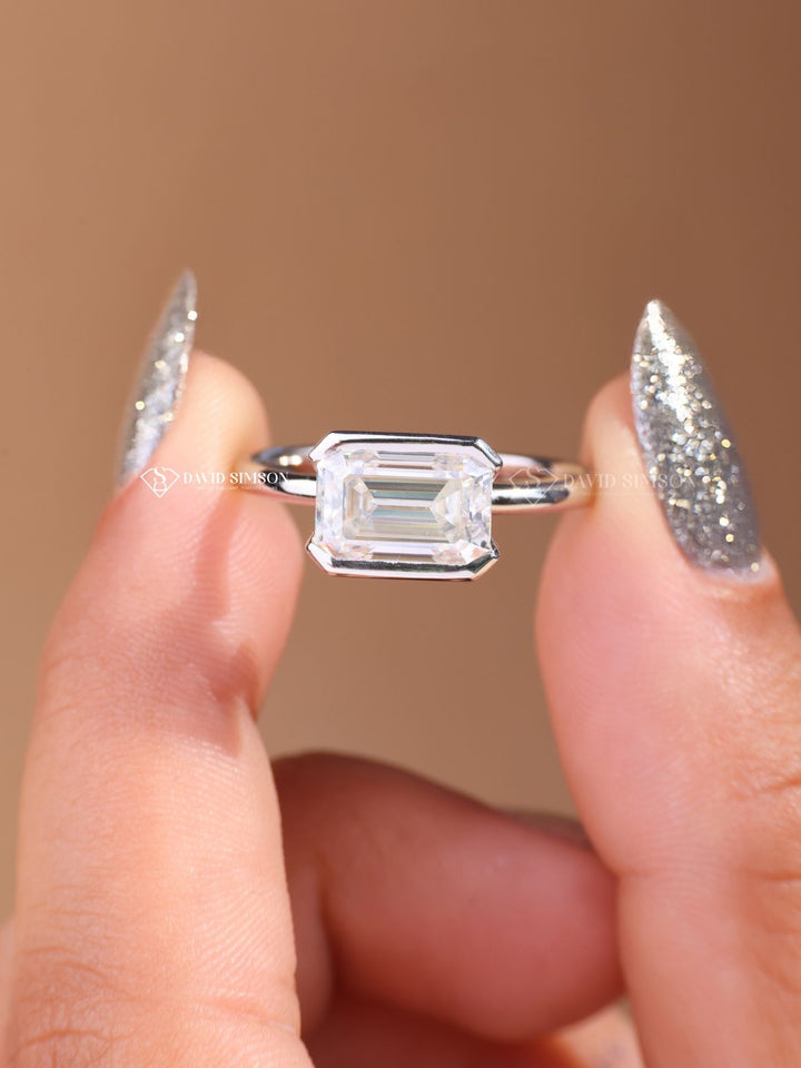 3.0CT-4.0CT East West Emerald Cut Moissanite Diamond Half Bezel Engagement Ring