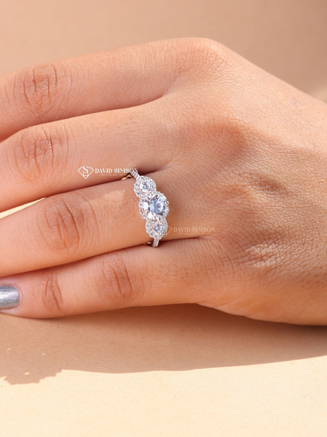 1.0CT-2.0CT Round Cut Moissanite Halo Diamond Three Stone Engagement Ring