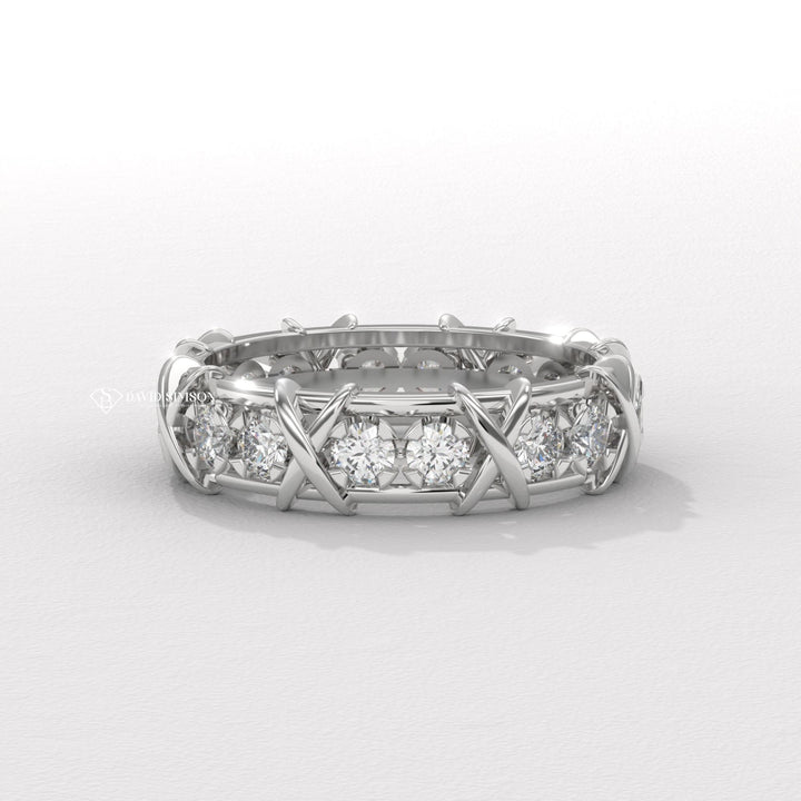 4.0mm Round Cut Moissanite Diamond Cross Style Wedding Band