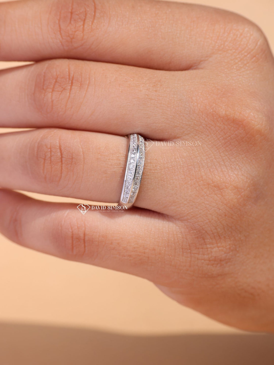 Round Cut Moissanite Diamond Double Pave Half Eternity Wedding Band