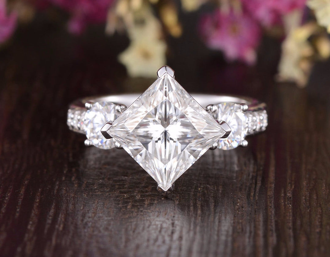 2.08CT Princess Cut Three Stone Moissanite Diamond Engagement Ring