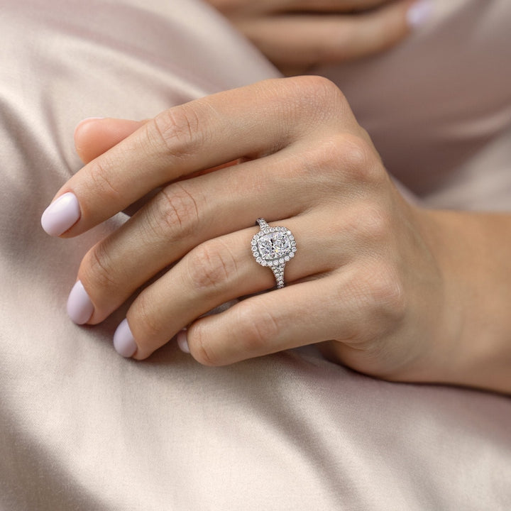 2.0CT Elongated Cushion Cut Halo Moissanite Split Shank Diamond Engagement Ring