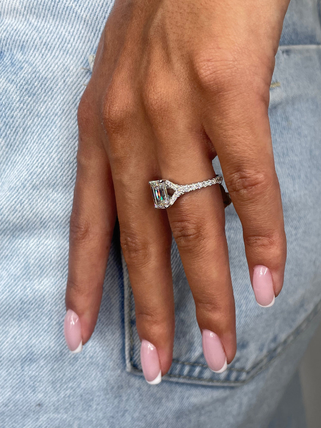 2.1ct Emerald G-VS Lab Grown Diamond Split Shank Engagement Ring