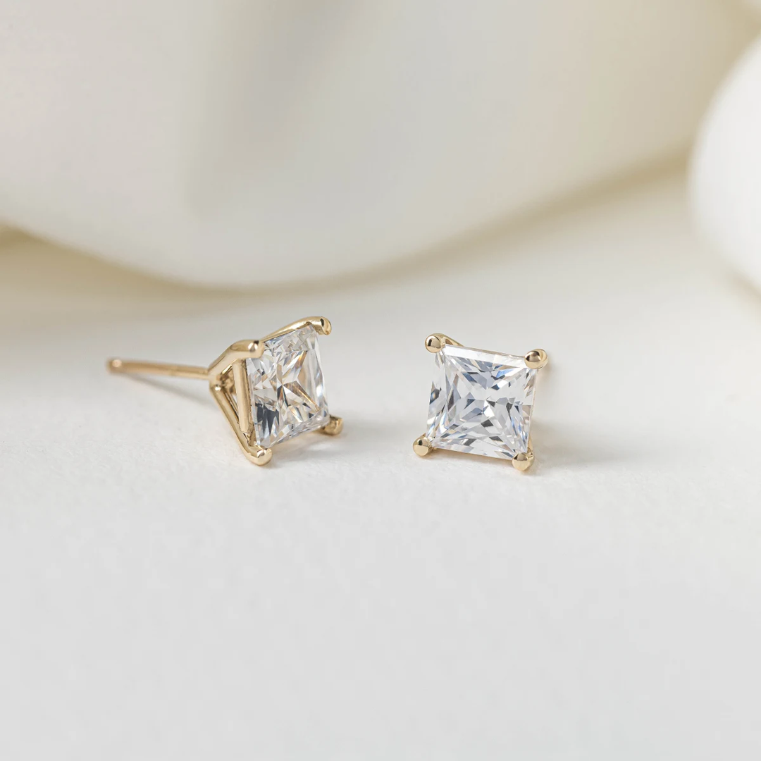 Princess Cut Moissanite Stud Diamond Earrings in 10K Gold