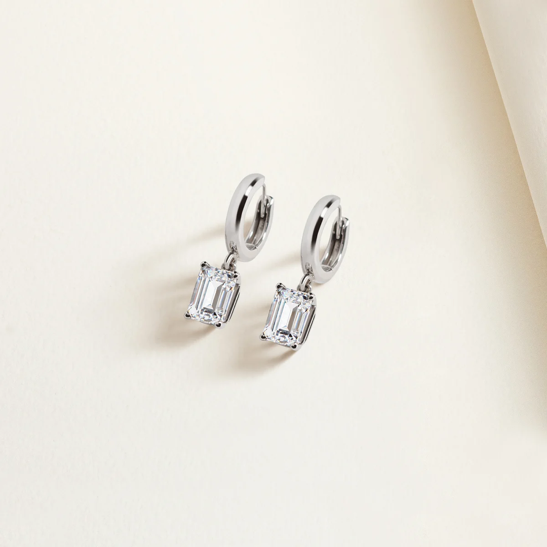 Emerald Cut Moissanite Drop Diamond Earrings in 18K Gold