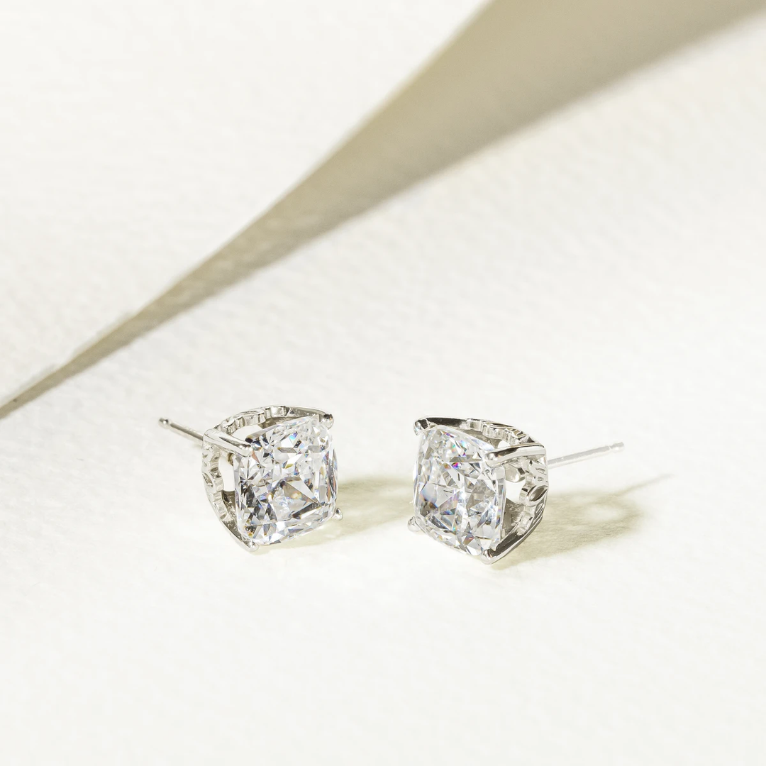 Cushion Cut Moissanite Tulip Set Diamond Earrings in 18K Gold