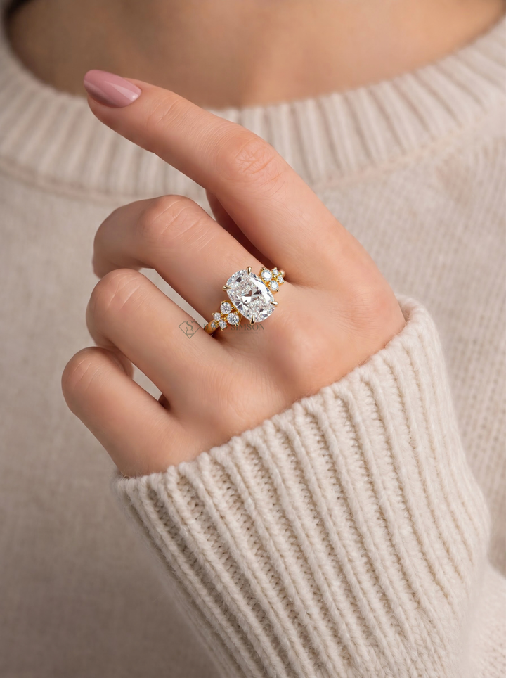 2.0CT-3.0CT Elongated Cushion Lab Grown Diamond Round Cluster Engagement Ring