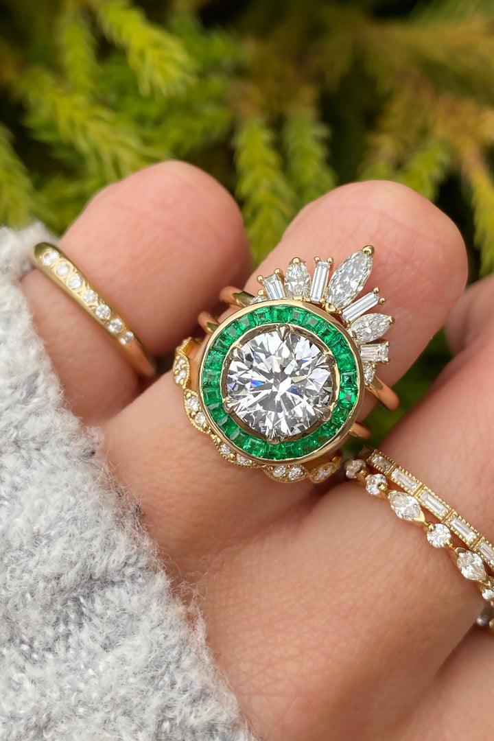 4.0CT Round Diamond with Emerald Halo Diamond Olivia Wilde Engagement Ring