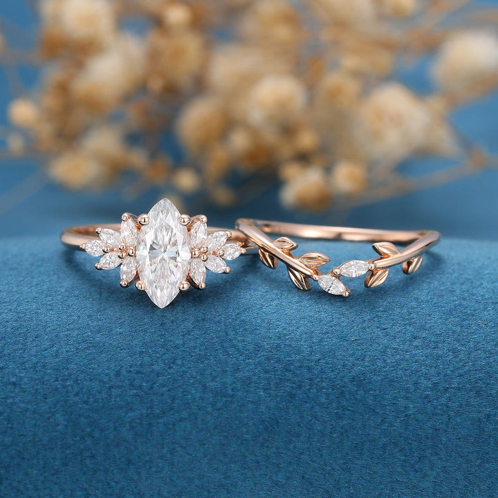 marquise-shaped-moissanite-cluster-bridal-set