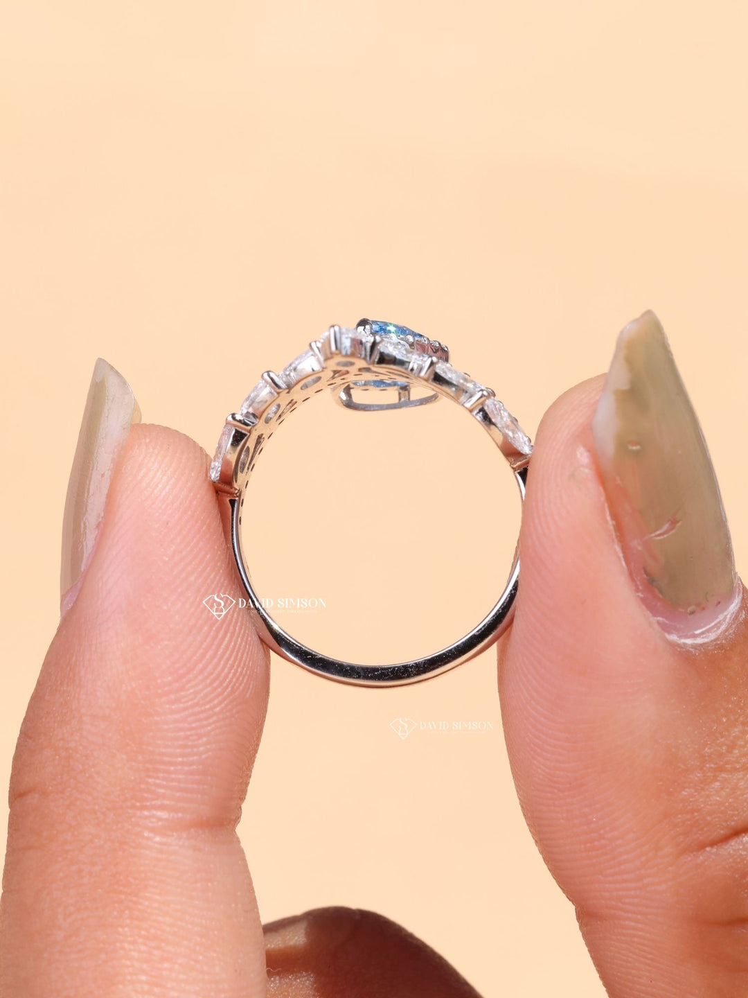 1.0CT-2.0CT Blue Pear Cut Diamond Chevron Engagement Ring