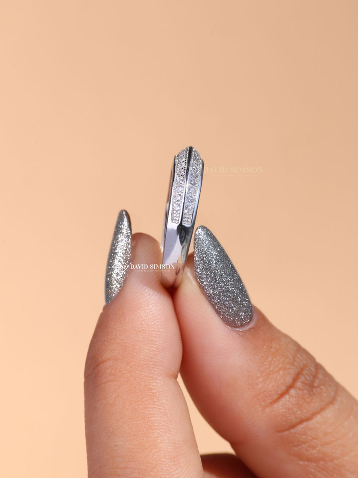 Round Cut Moissanite Diamond Double Pave Half Eternity Wedding Band