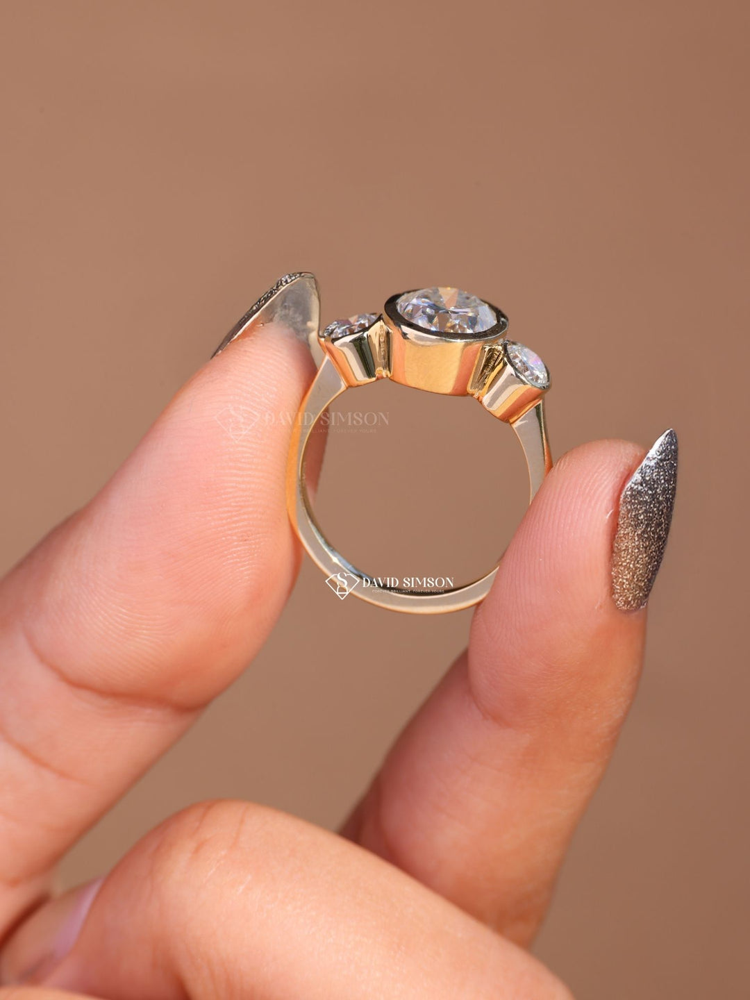 3.0CT-4.0CT Bezel Set Oval Cut Moissanite Diamond Three Stone Engagement Ring