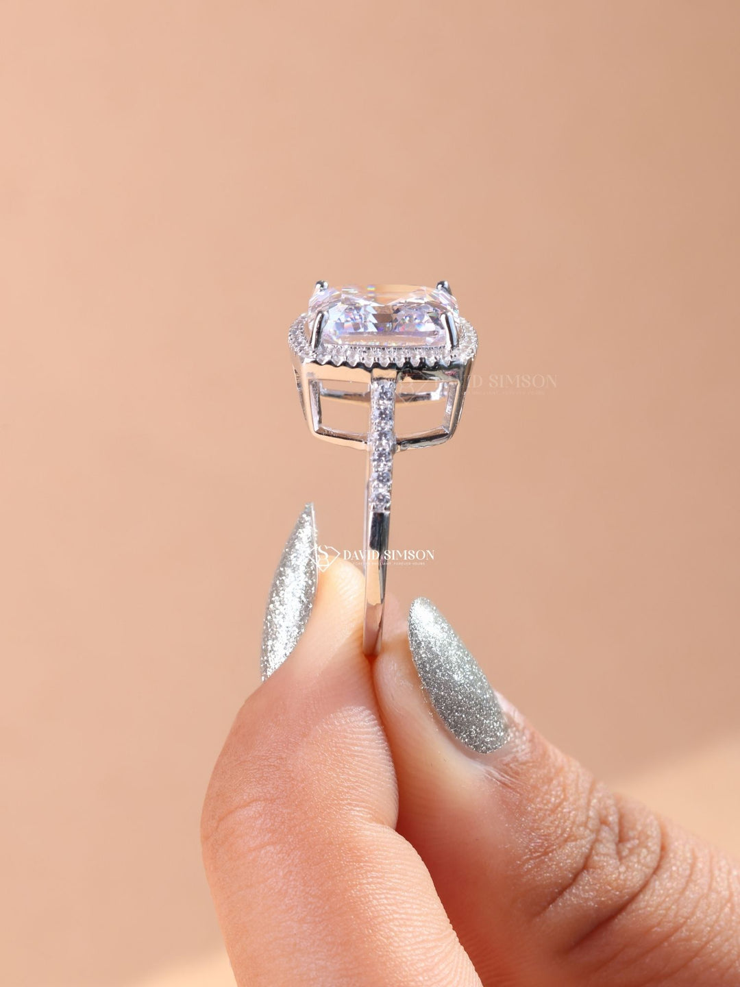 4.0CT-5.0CT Asscher Cut Moissanite Diamond Halo Engagement Ring