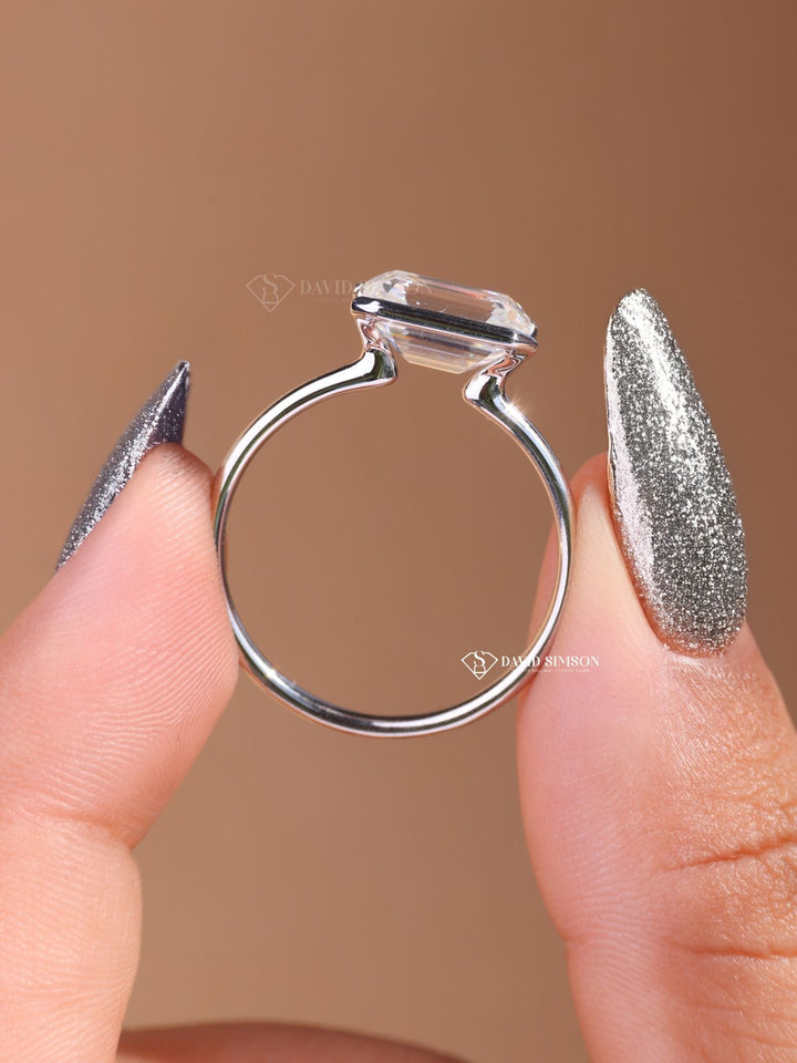 3.0CT-4.0CT East West Emerald Cut Moissanite Diamond Half Bezel Engagement Ring