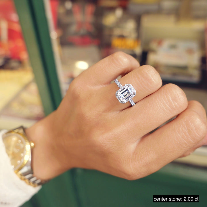 2ct Emerald Cut Halo F- VS1 Lab Grown Diamond Pave Engagement Ring