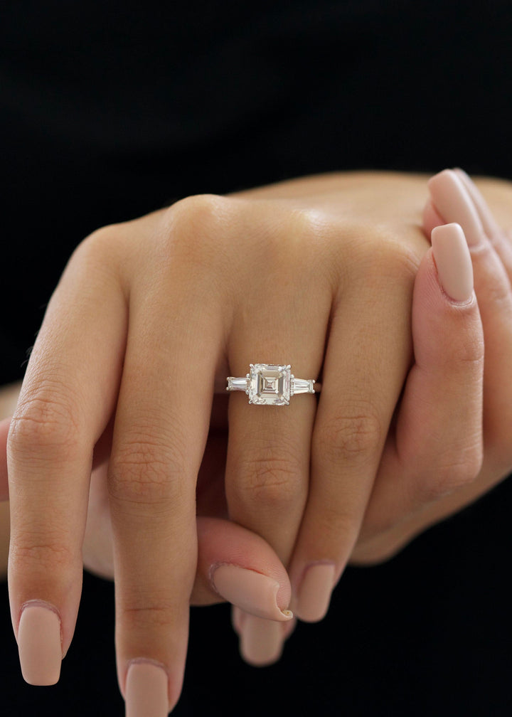 3.01ct Asscher D-VVS2 Lab Grown Diamond Three Stones Engagement Ring