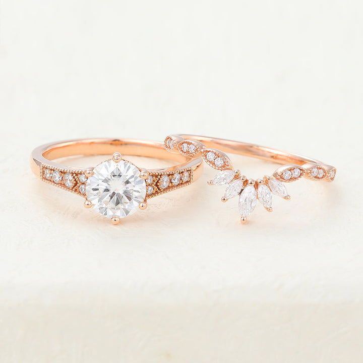 round-moissanite-milgrain-bridal-ring-set