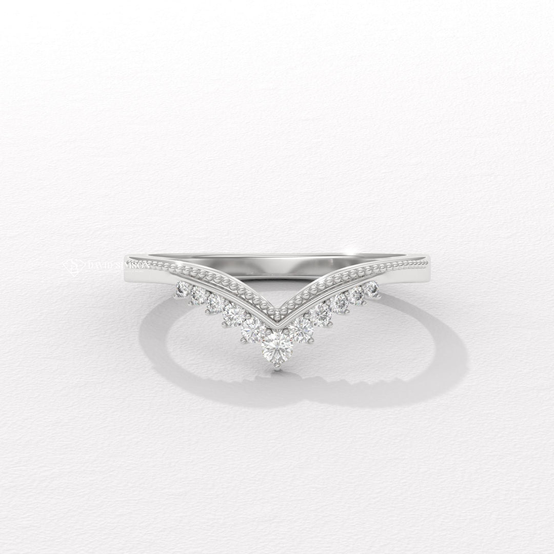 Round Cut Moissanite Diamond Milgrain Curved Shape Wedding Band
